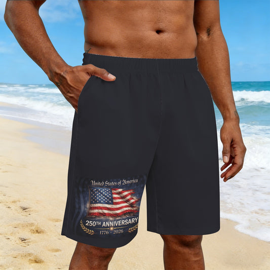 250 YEAR ANNIVERSARY USA/American Flag Inspired Men’s Draw String Pocket Beach Shorts Printed in the USA
