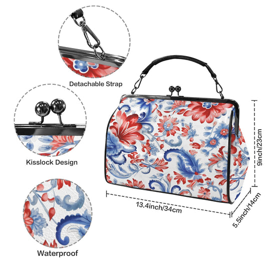 USA/American Flag Inspired Floral Pattern Kisslock Crossbody Shoulder Bag-Large