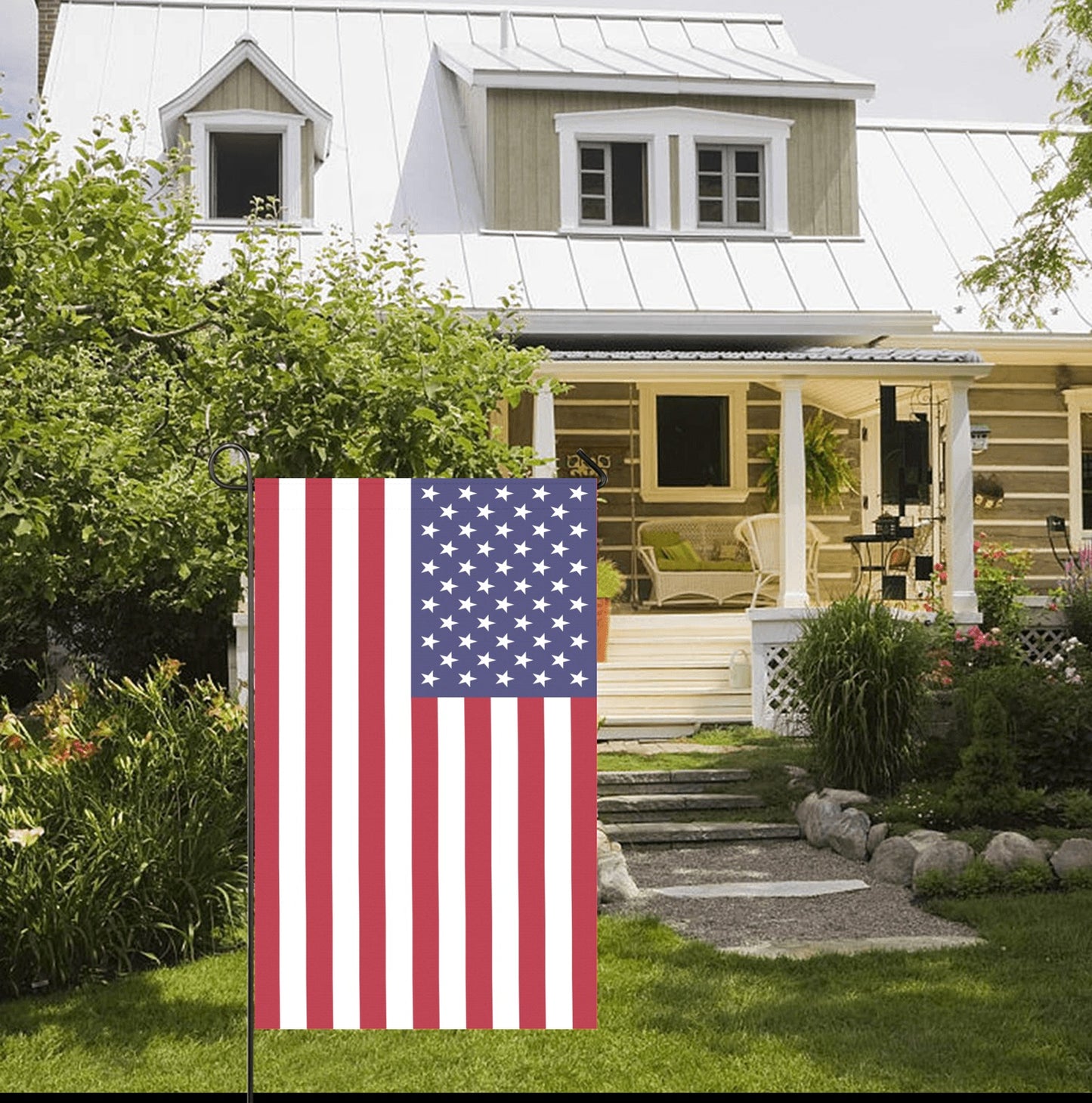 White house, Luv My Flag, American flag, front yard garden.