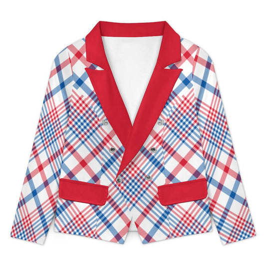 USA/American Flag Inspired Plaid Pattern Women’s Double Breasted Blazer