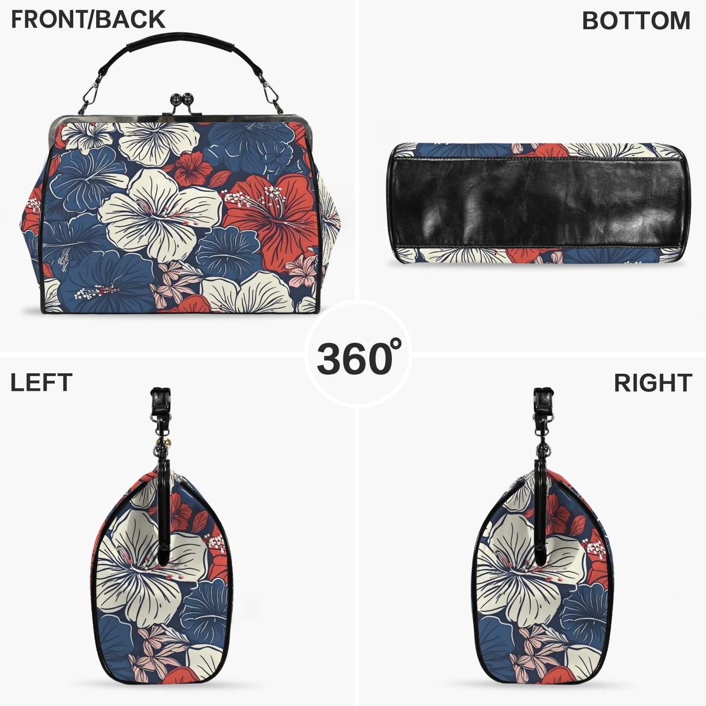 USA/American Flag Inspired Hawaiian Floral Pattern Kisslock Crossbody Shoulder Bag-Large