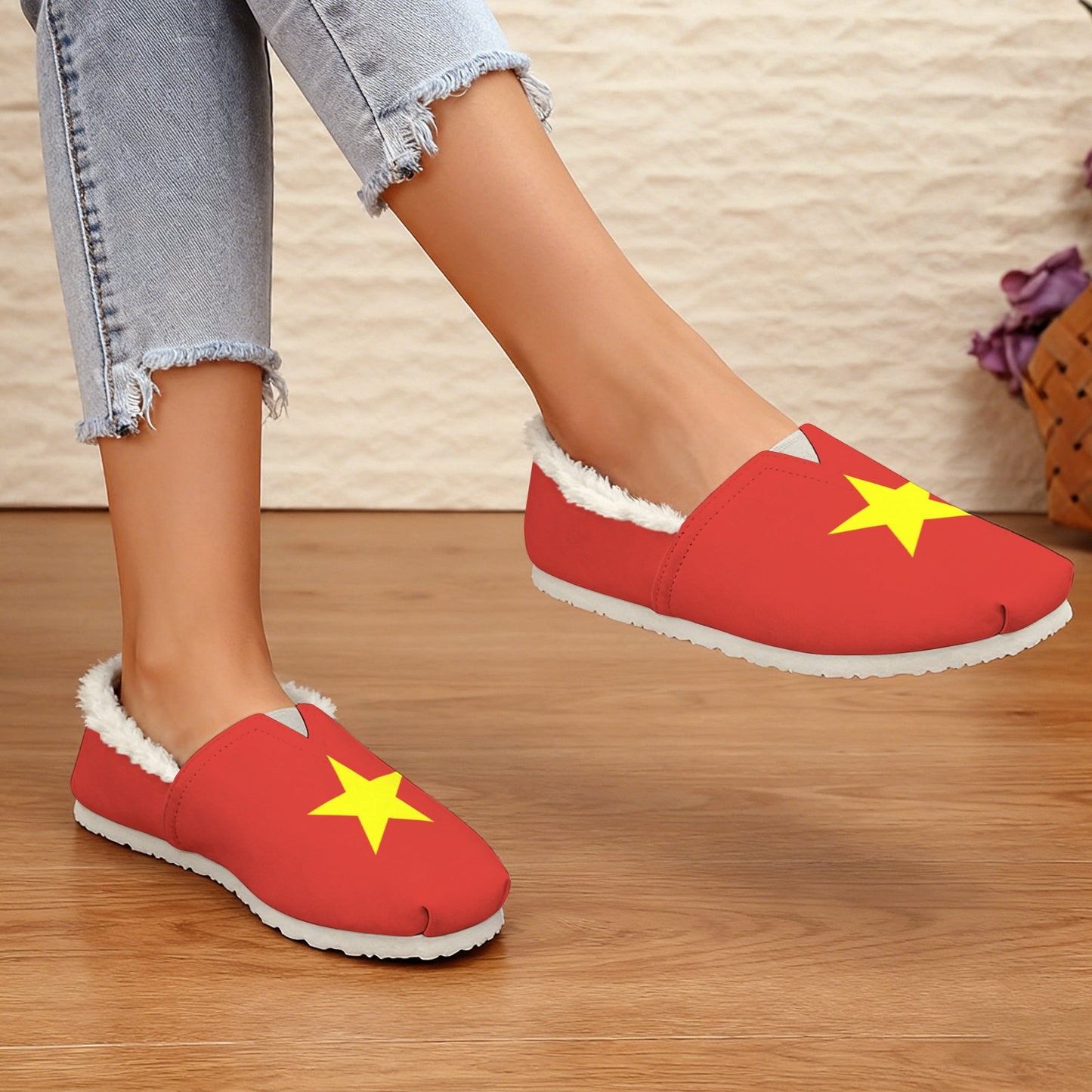 Vietnam Flag Inspired Women's Fleece-Lined Canvas Slip-On