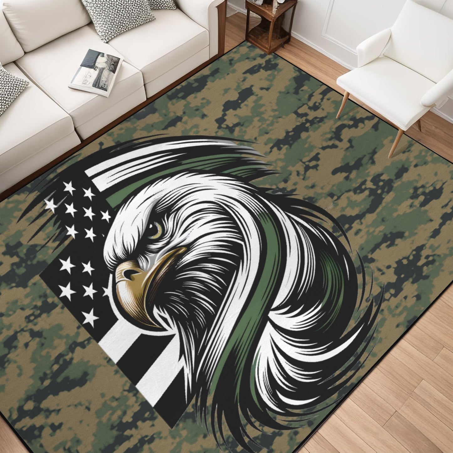 Thin Green Line Flag Inspired Eagle on Digital Camo 84x60 Inch Area Rug with Black Binding (Made in the USA)
