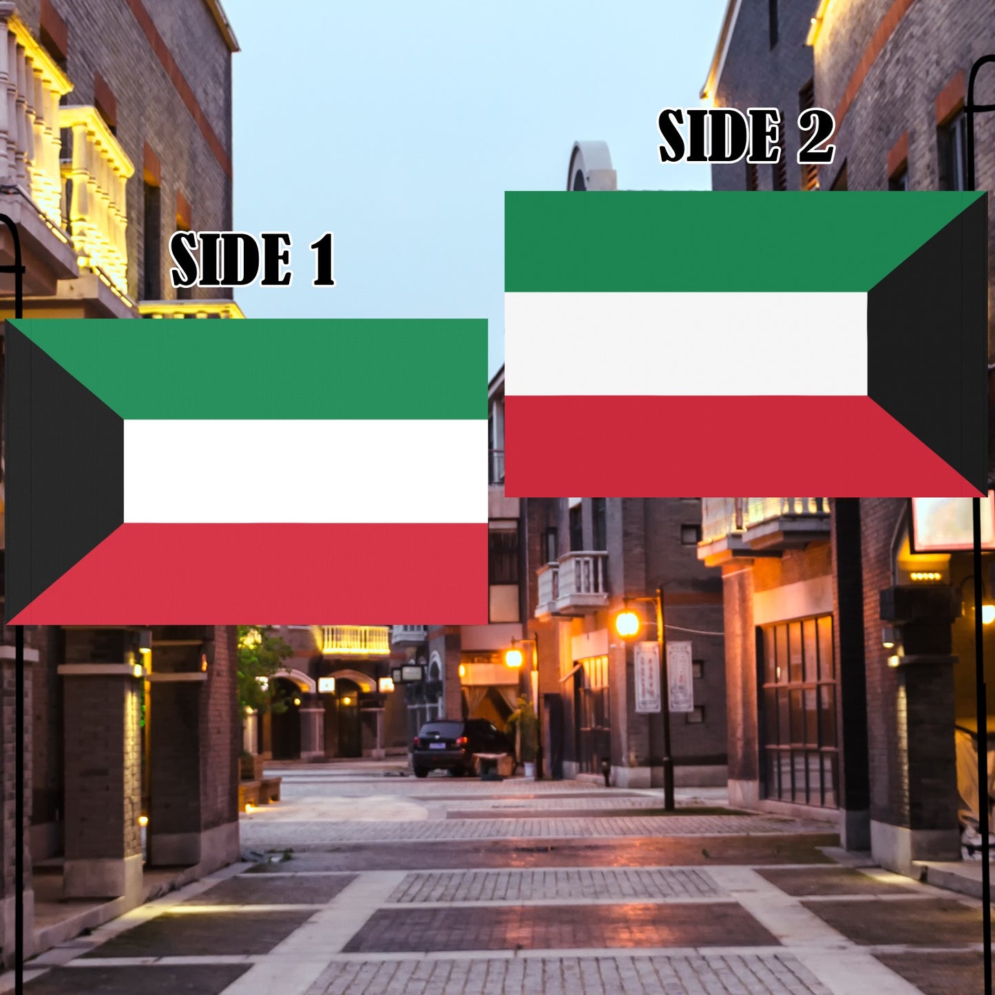 Luv My Flag banners showcasing Kuwait flag in urban setting.