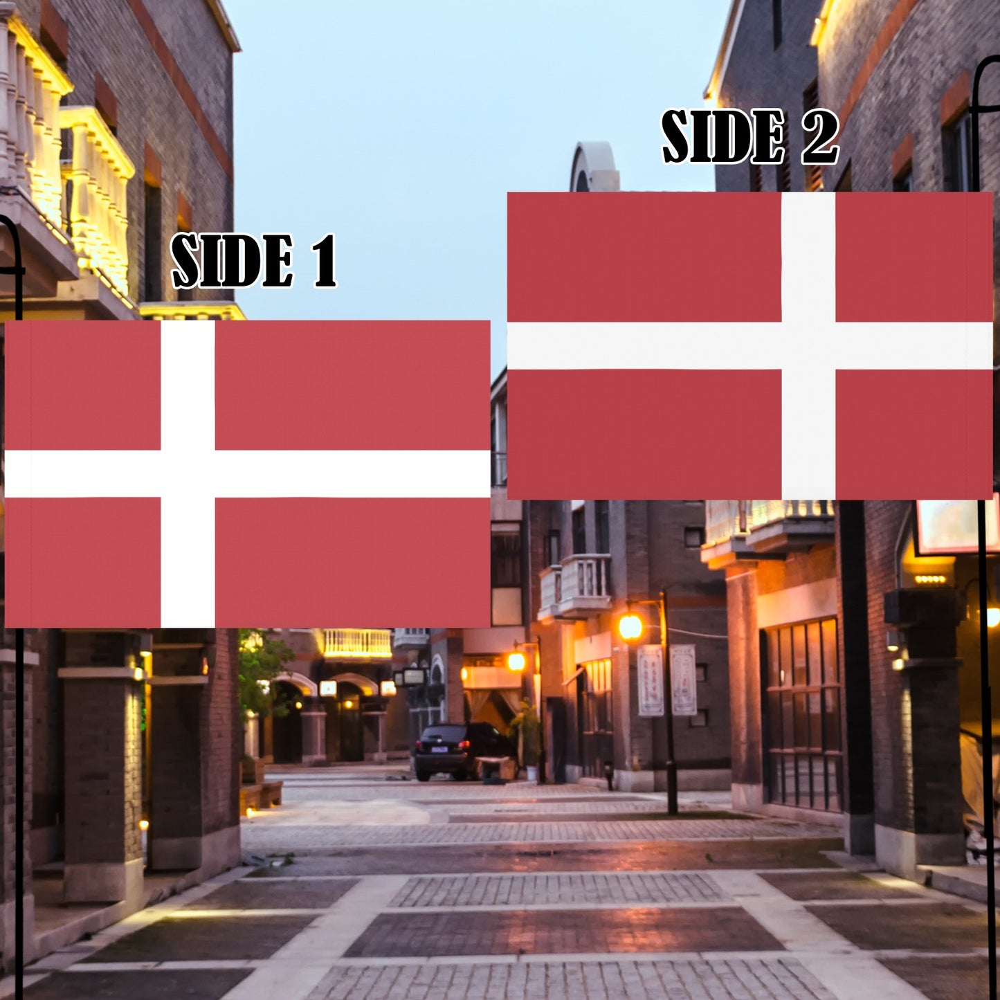 Street scene featuring Luv My Flag Danish flags displayed.