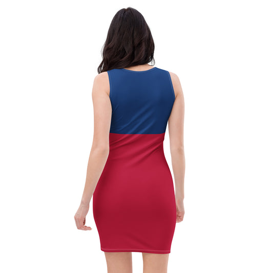 Back view of a woman wearing a Texas flag inspired bodycon dress in red and blue, showcasing the rear design of the fitted sleeveless dress.