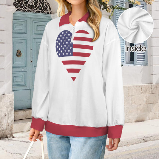 American Flag Heart Women's Quarter Zip Pullover Sweatshirt