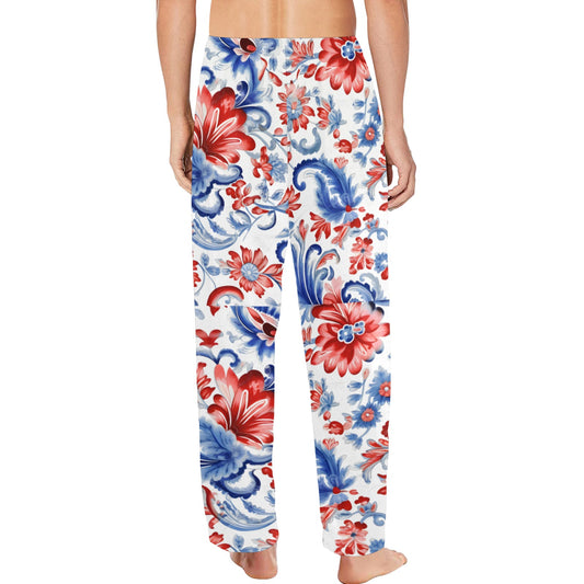 USA/American Flag Inspired Red White & Blue Floral Paisley Pattern Men’s Pajama Trousers with Pockets (Made in the USA)