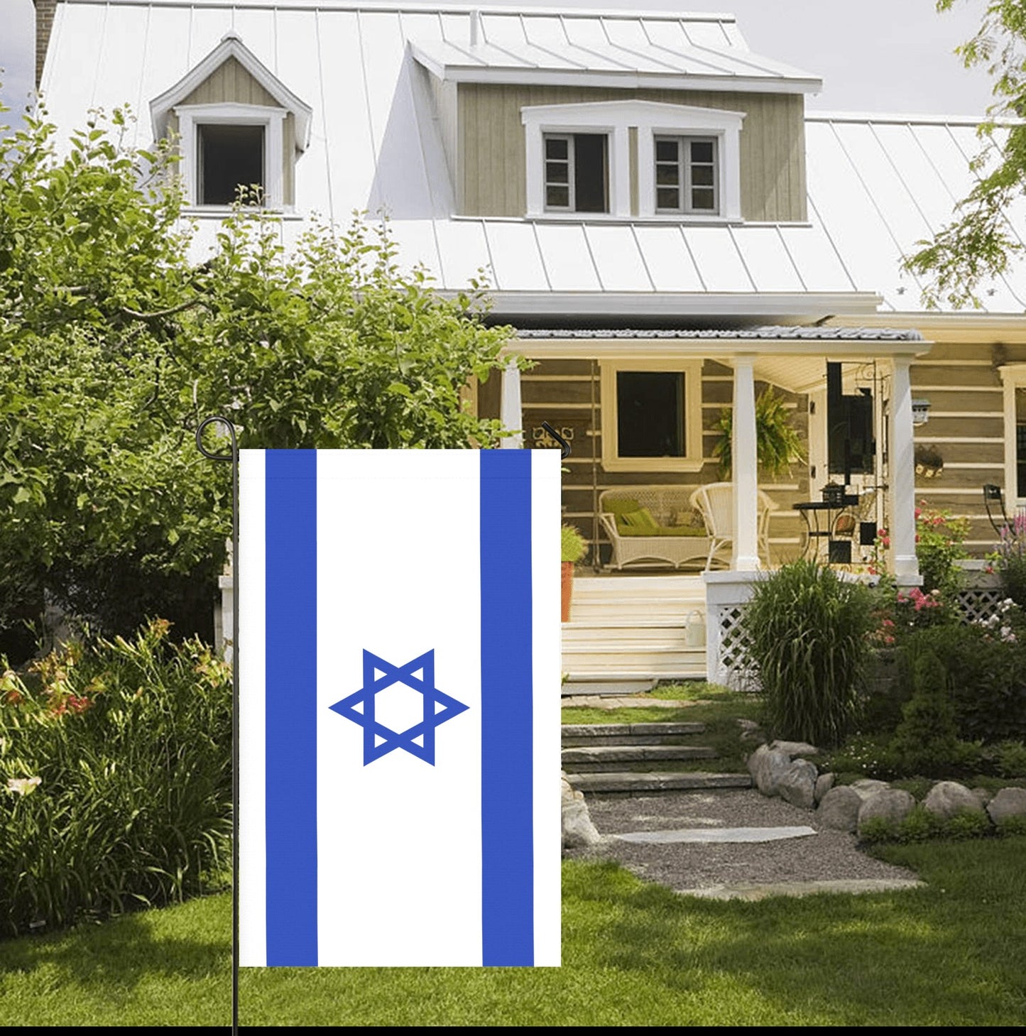 Luv My Flag Israeli flag displayed outside charming house.