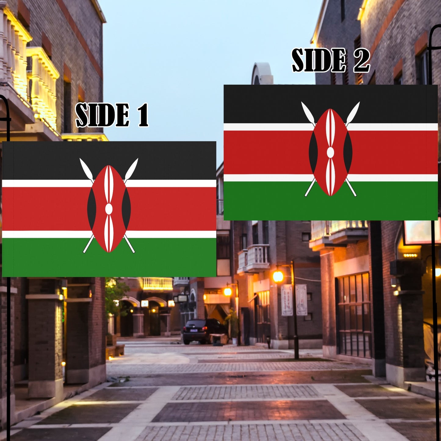 Street with two Kenyan flags by Luv My Flag.
