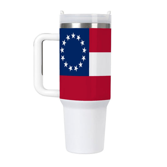 Confederate Flag tumbler with handle, white base.