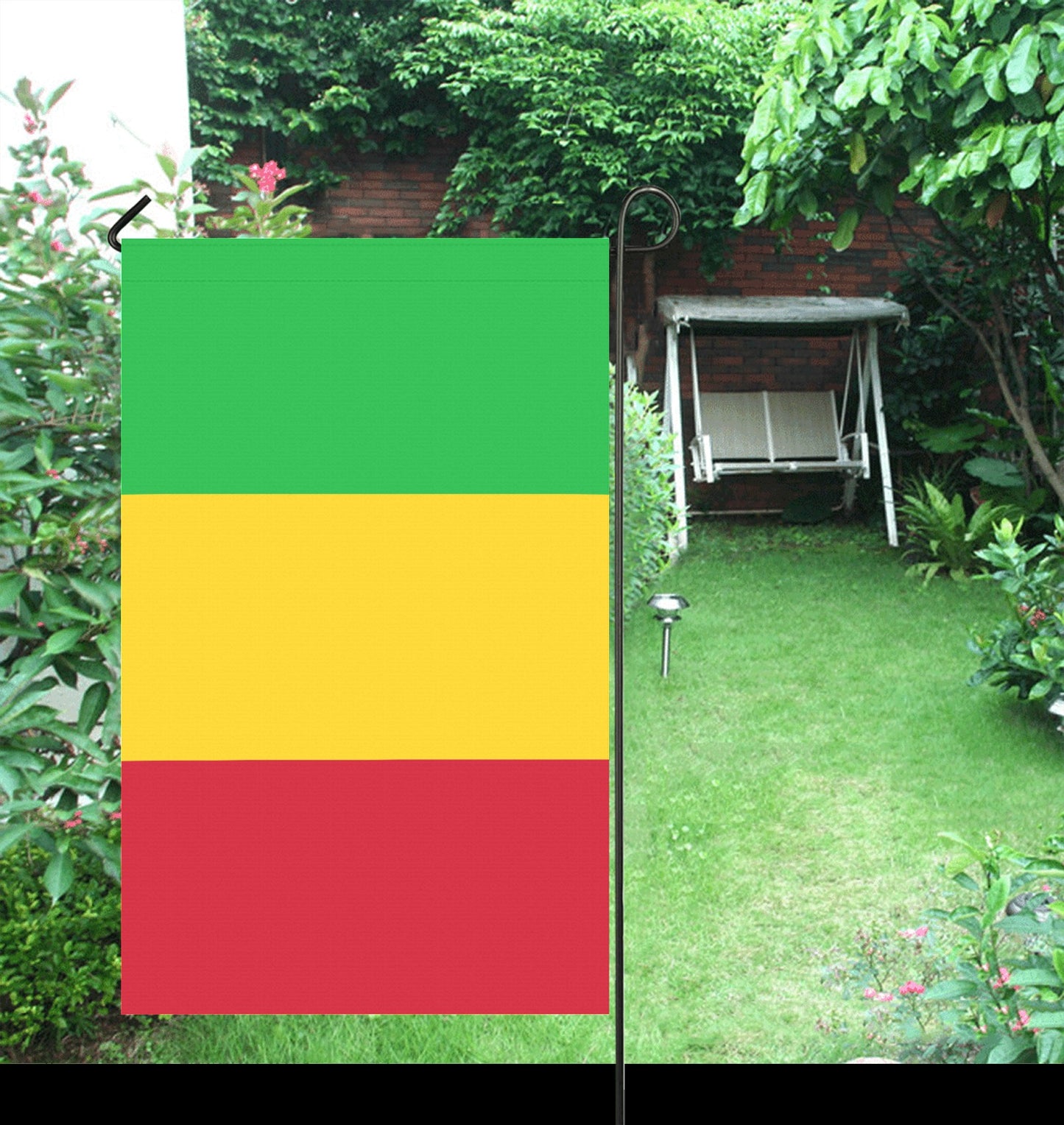 Luv My Flag garden flag with green, yellow, red stripes.
