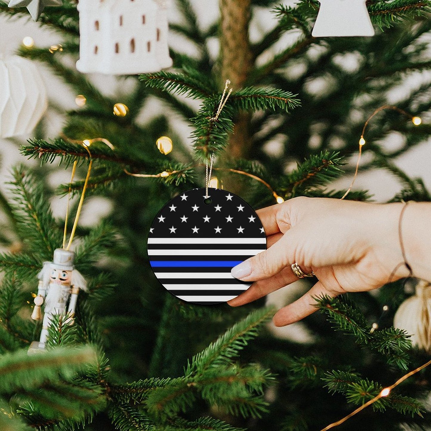 Thin Blue Line Flag Inspired Circle Ceramic Ornament Made in USA Circle Ceramic Ornament (Made in USA)