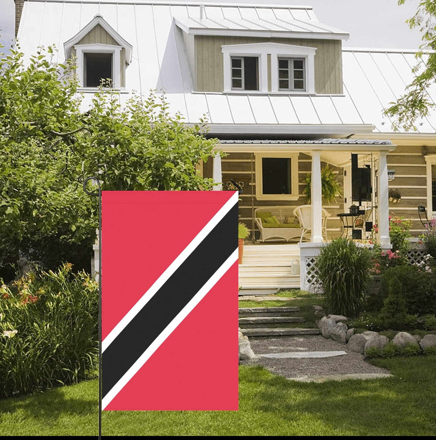 Front yard featuring Luv My Flag brand garden flag.