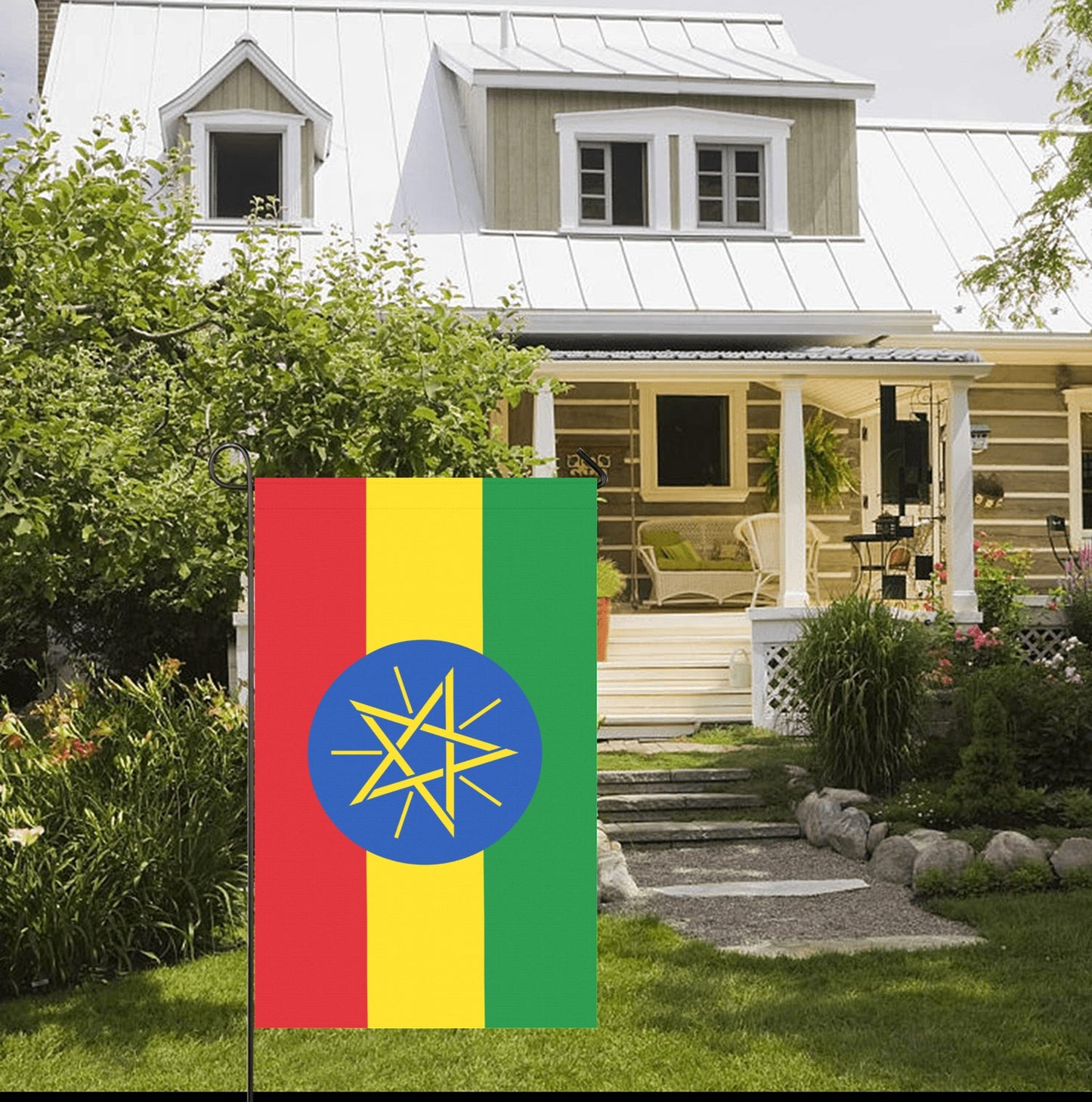 Front porch with Luv My Flag Ethiopian garden flag.