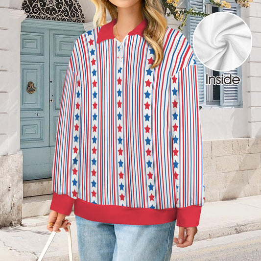 USA/American Flag Stars and Stripes Pattern Women's Quarter Zip Pullover Sweatshirt