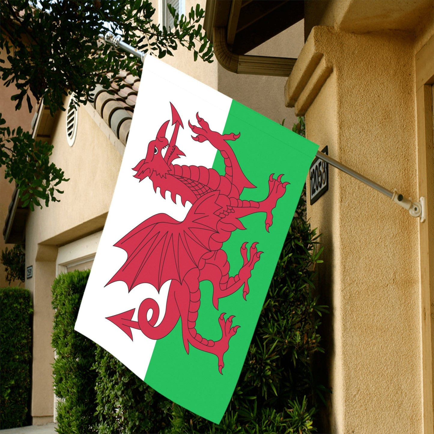 Luv My Flag Welsh flag with red dragon displayed outdoors.