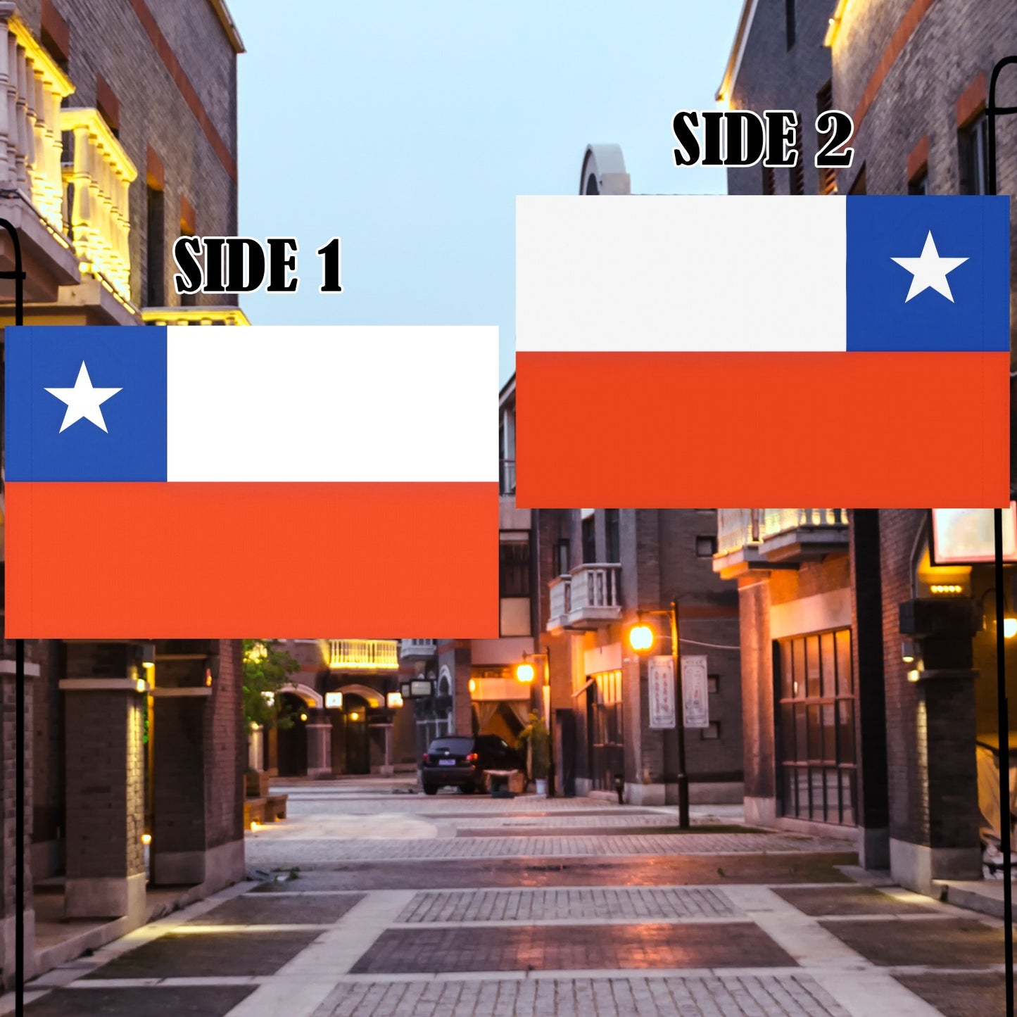 Two-sided Chilean flag banner by Luv My Flag displayed.