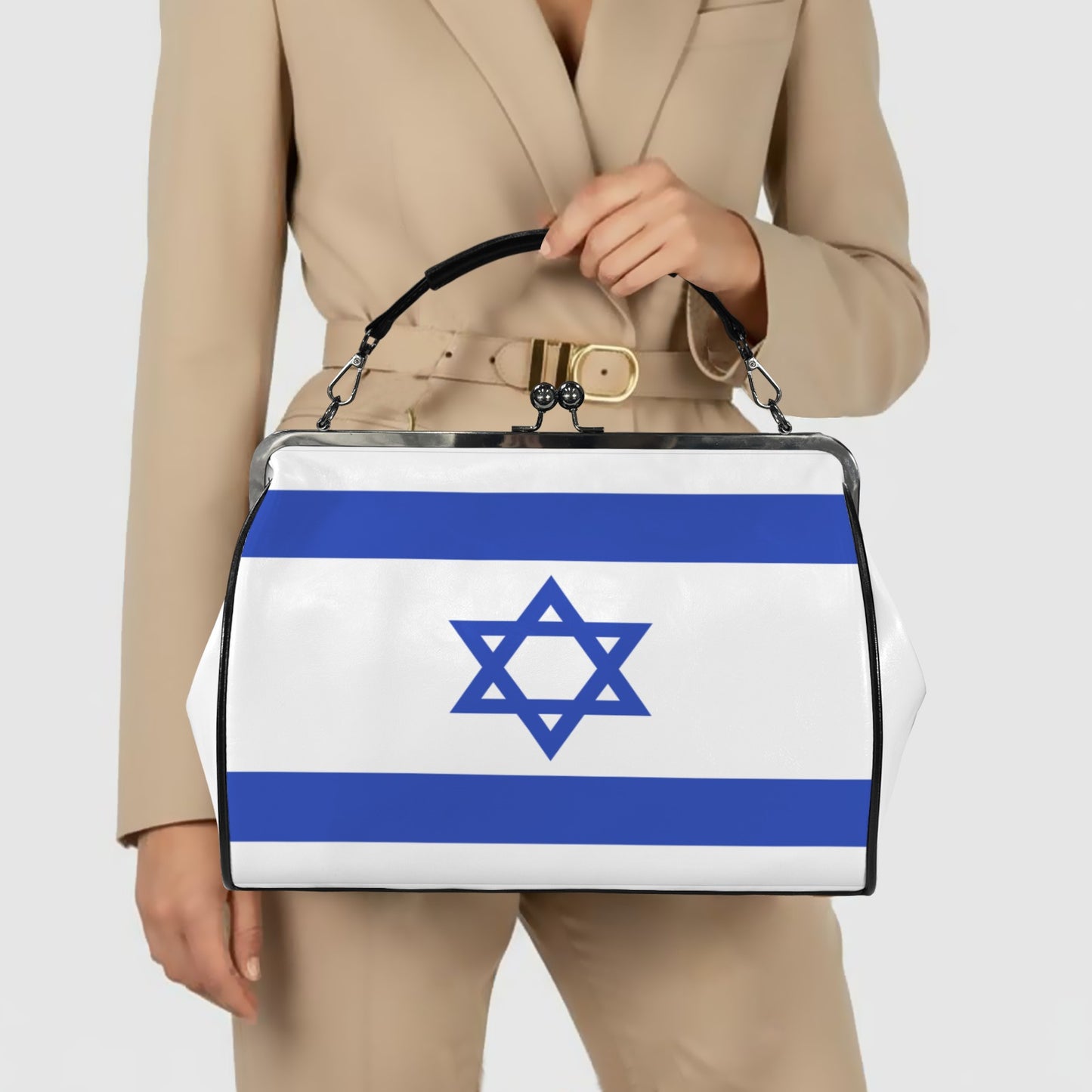 Israel Flag Inspired Kisslock Crossbody Shoulder Bag-Large