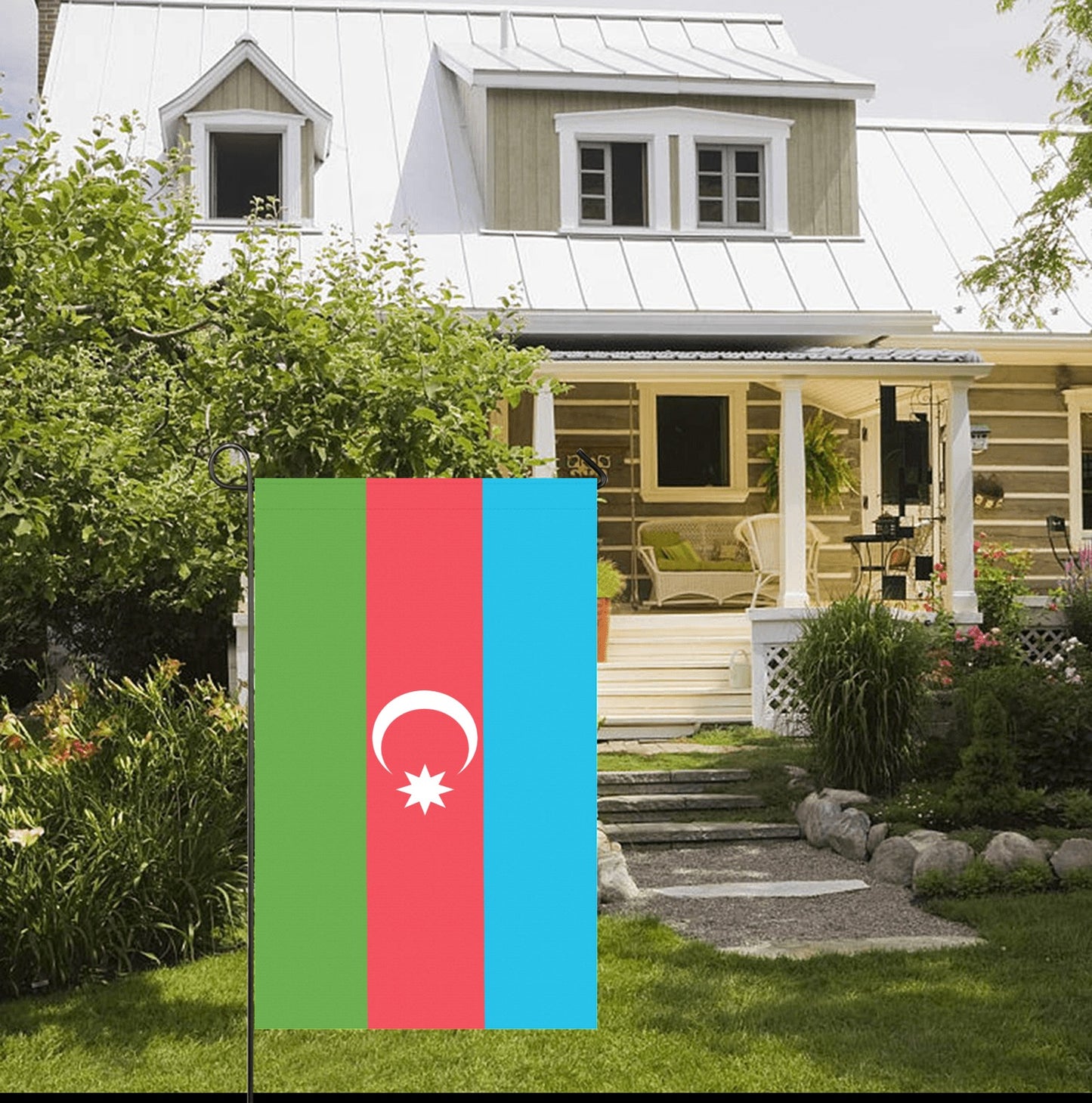 Charming house with Luv My Flag Azerbaijan garden flag.