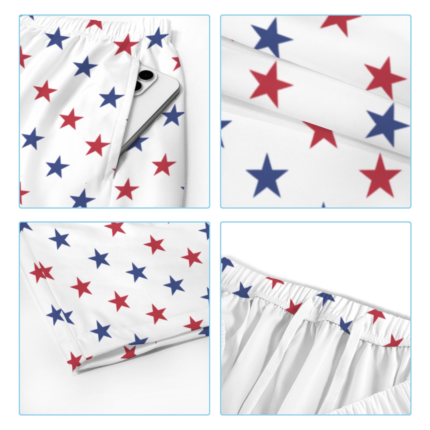 USA/American Flag Inspired Red and Blue Stars Pattern Men’s Draw String Pocket Beach Shorts Printed in the USA