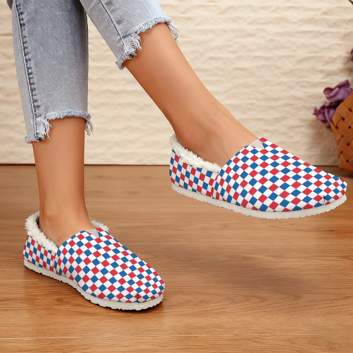 USA/American Flag Inspired Checkered Pattern Women's Fleece-Lined Canvas Slip-On