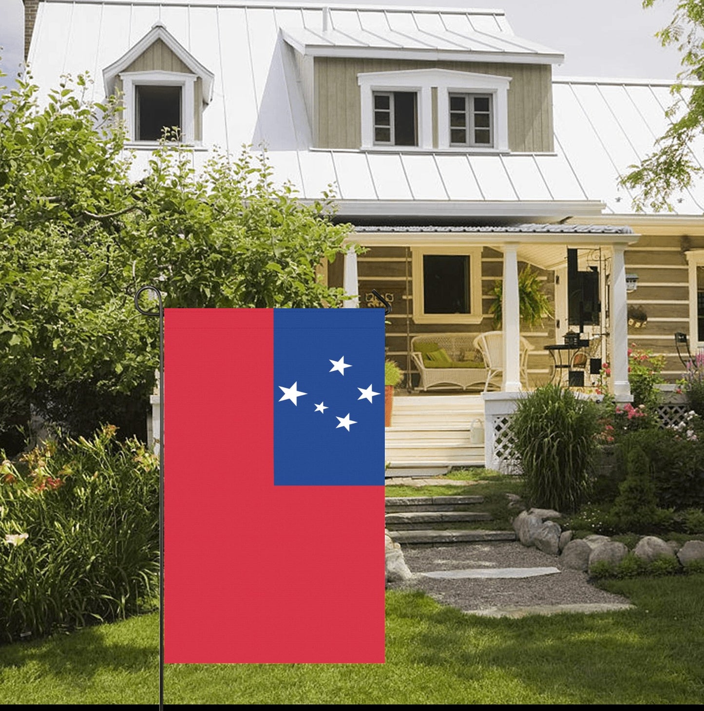 Front porch garden displaying Luv My Flag's colorful design.