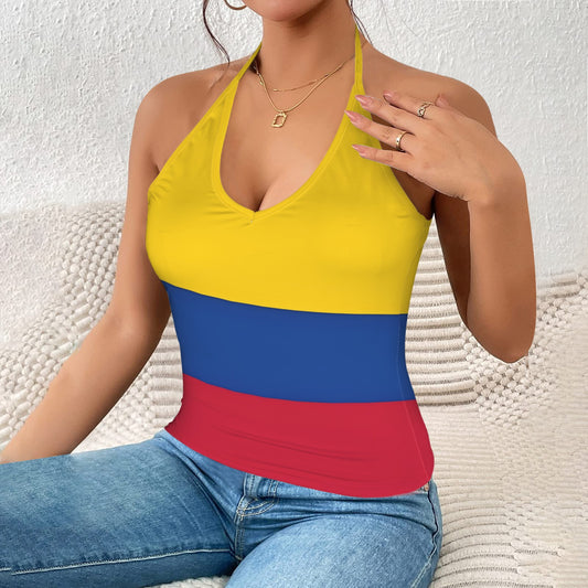 Colombia Flag Inspired V-neck Halter Open Back Tank Top