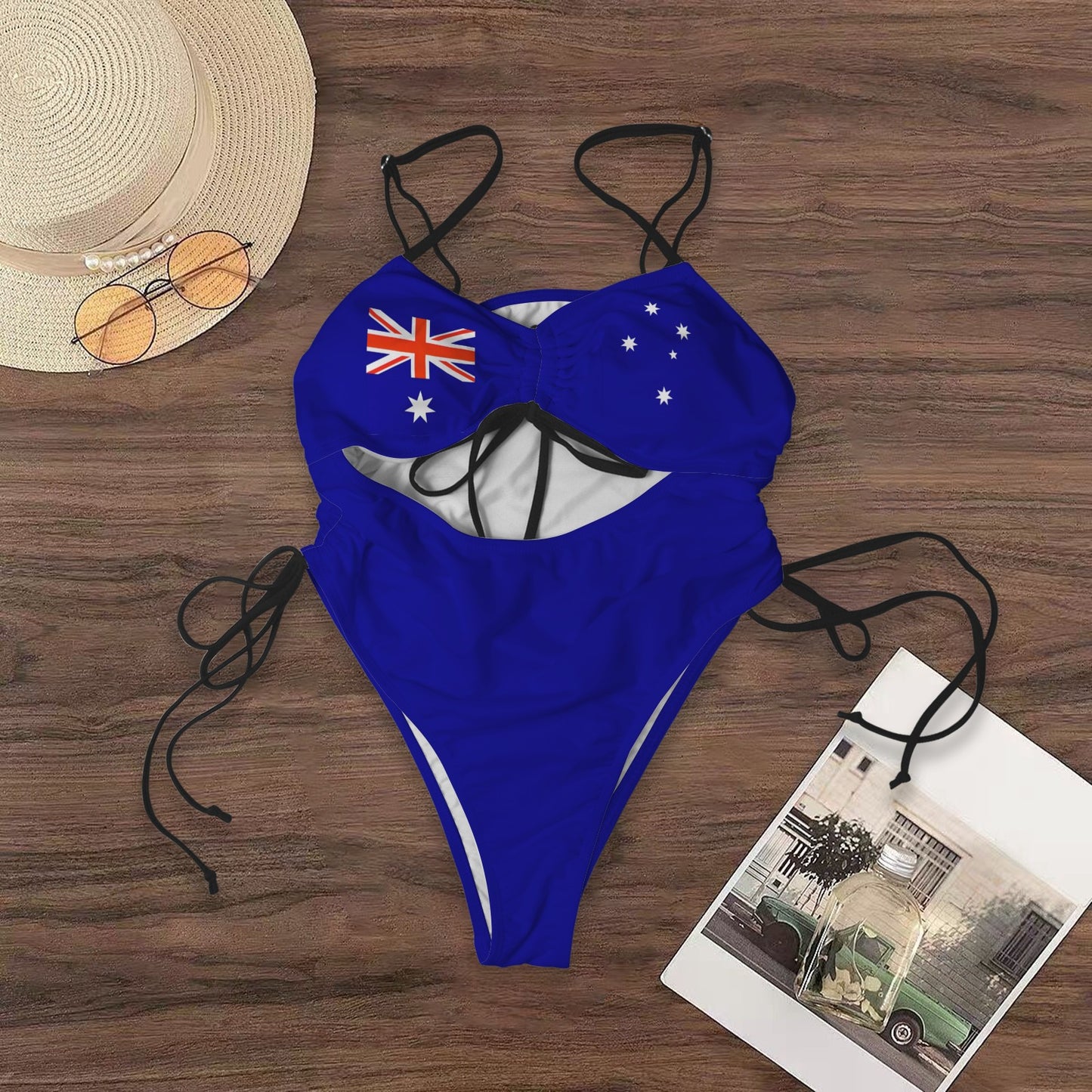 Australia Flag Inspired Women's Drawstring Cutout One Piece Swimsuit