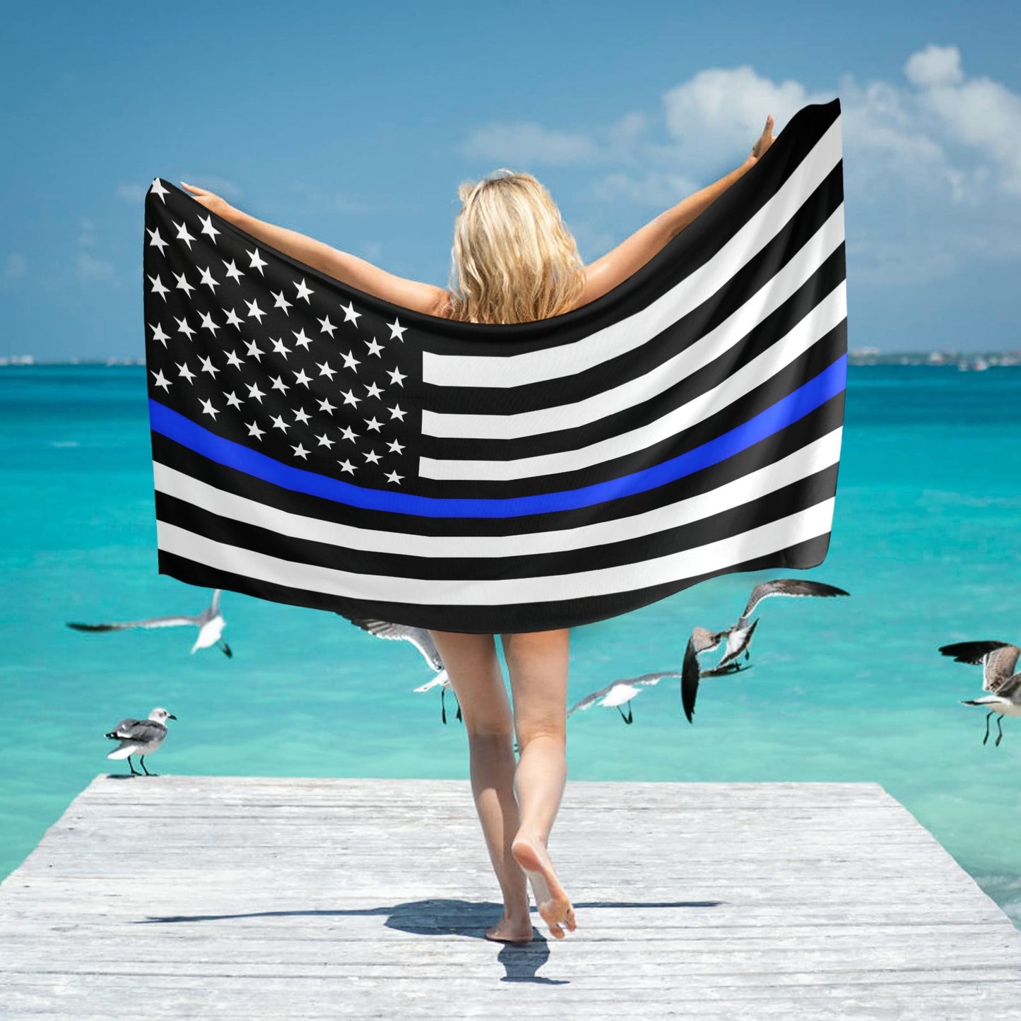 Thin Blue Line Flag Beach Towel 31"x71" (Made in USA)