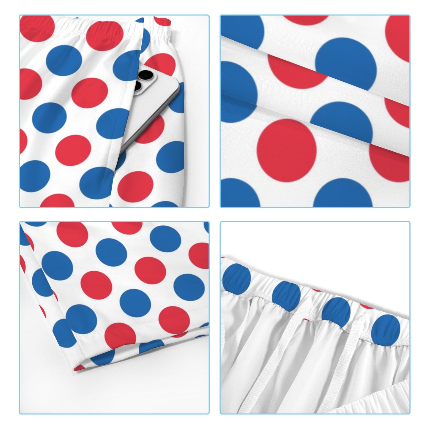 USA/American Flag Inspired Polka Dot Pattern Men’s Draw String Pocket Beach Shorts Printed in the USA