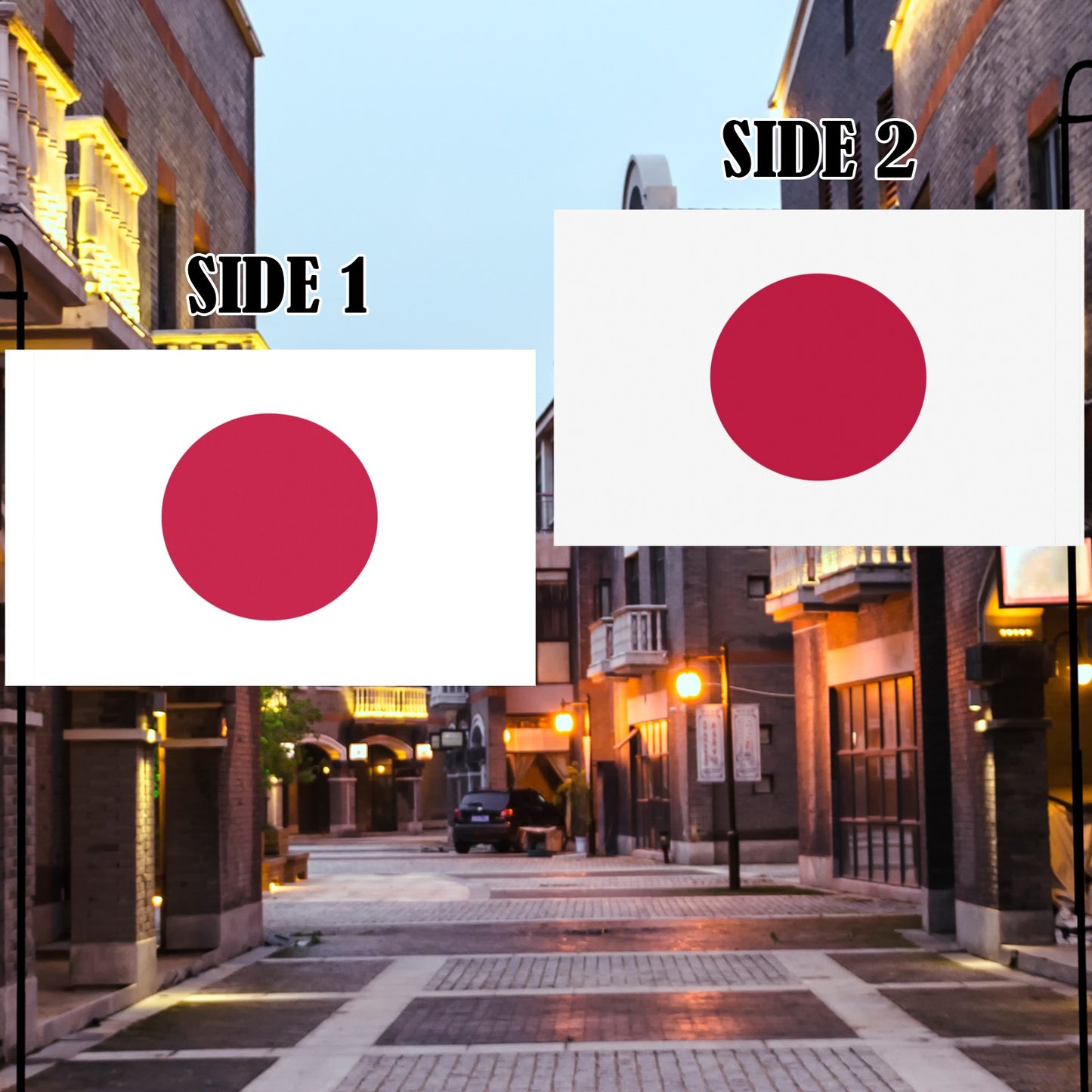 Two Japanese flags by Luv My Flag in street.