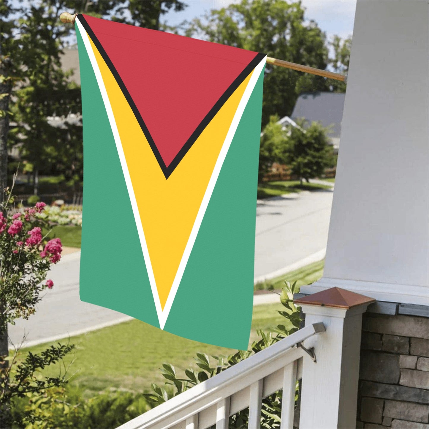 Luv My Flag brand flag displayed on a porch.