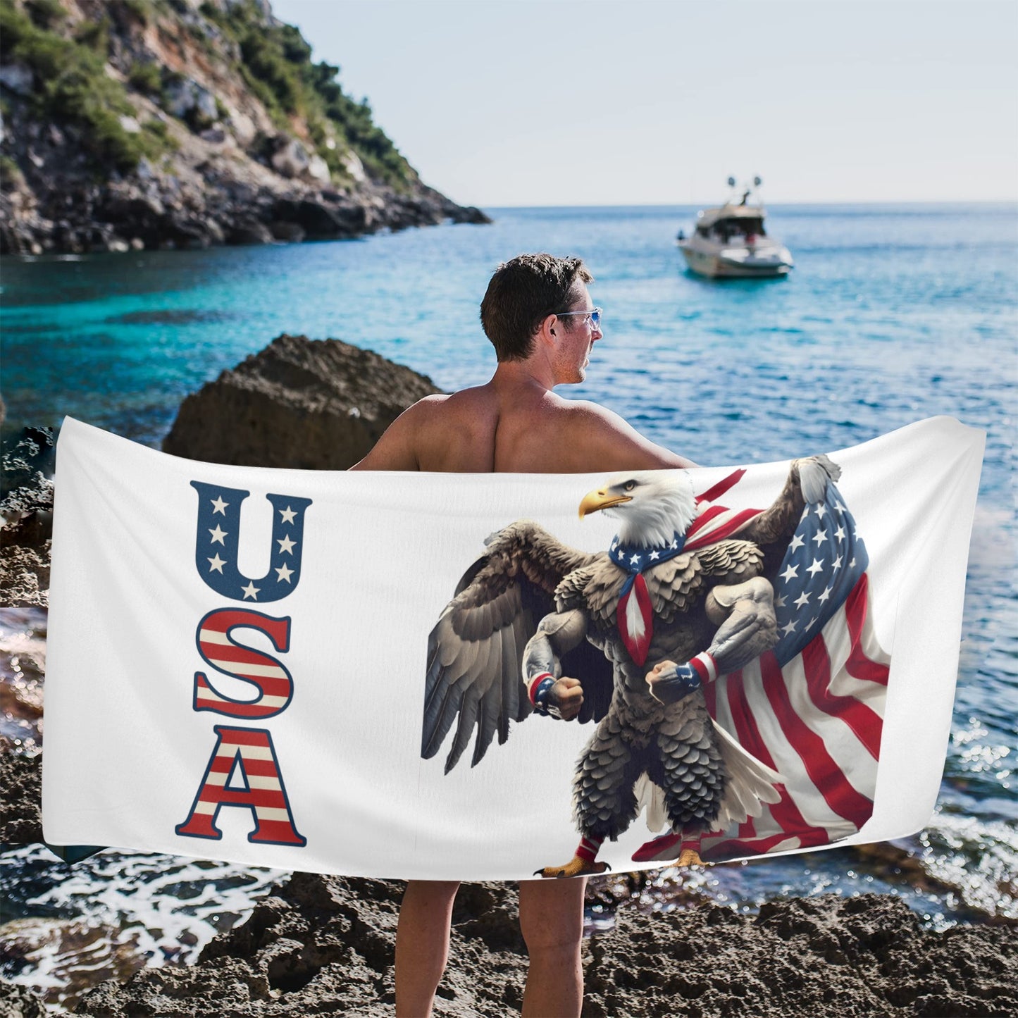 USA/American Flag Inspired Eagle with Cape "USA" Beach Towel 31"x71" (Made in USA)