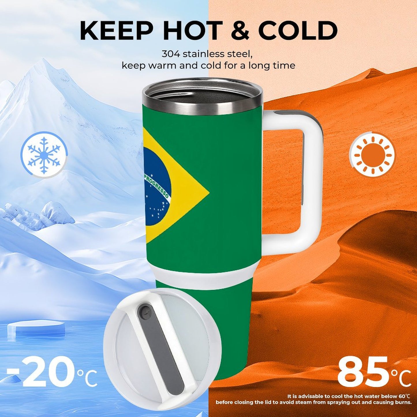 Brazil Flag Design 40 oz Stainless Steel Tumbler - Made in USA