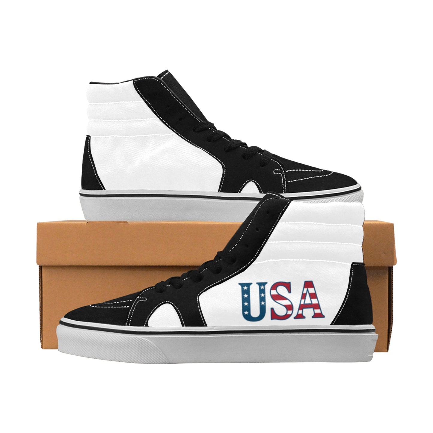 USA/American Flag Inspired "USA" Women's High Top Canvas Shoes (White)