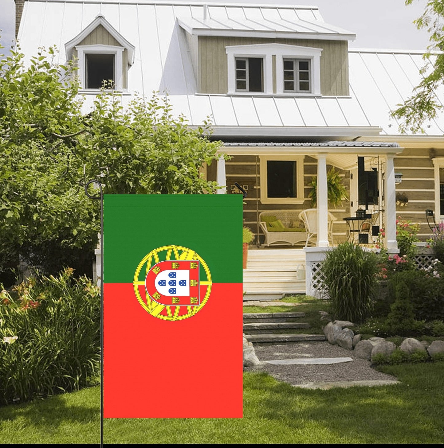 Portuguese flag in garden with charming house, Luv My Flag.