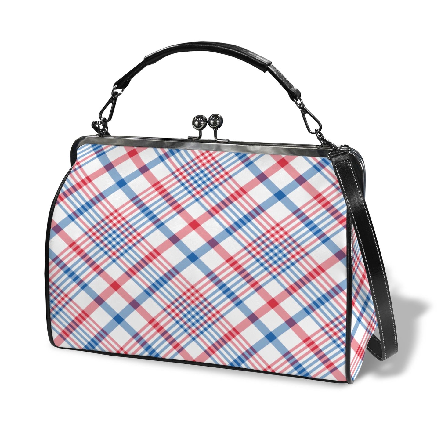 USA/American Flag Inspired Plaid Pattern Kisslock Crossbody Shoulder Bag-Large