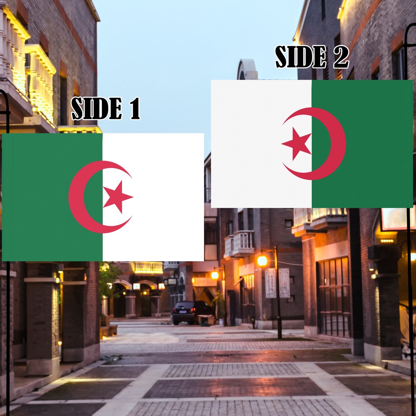 Luv My Flag double-sided Algerian flag in urban setting.