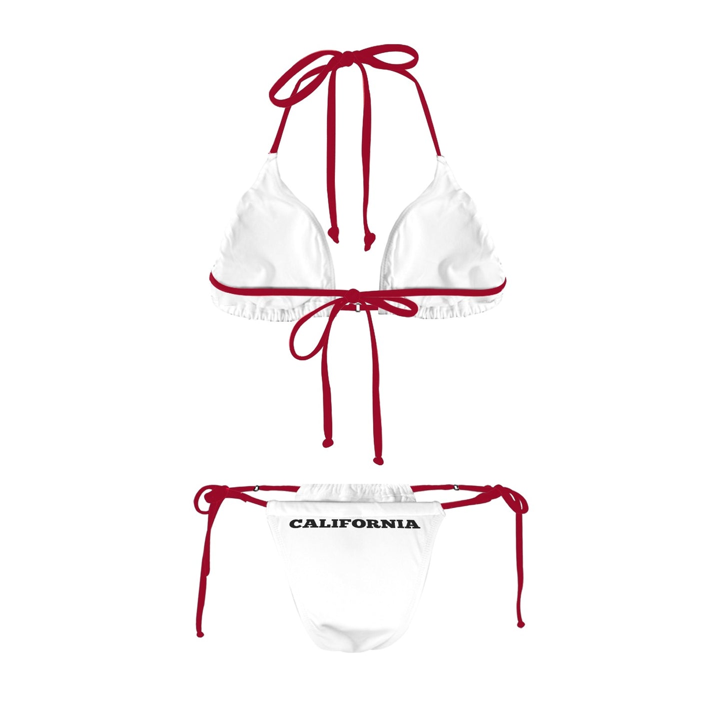White bikini with red straps, "California" text, Luv My Flag.