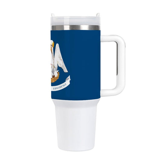 Louisiana State Flag travel mug, white handle.