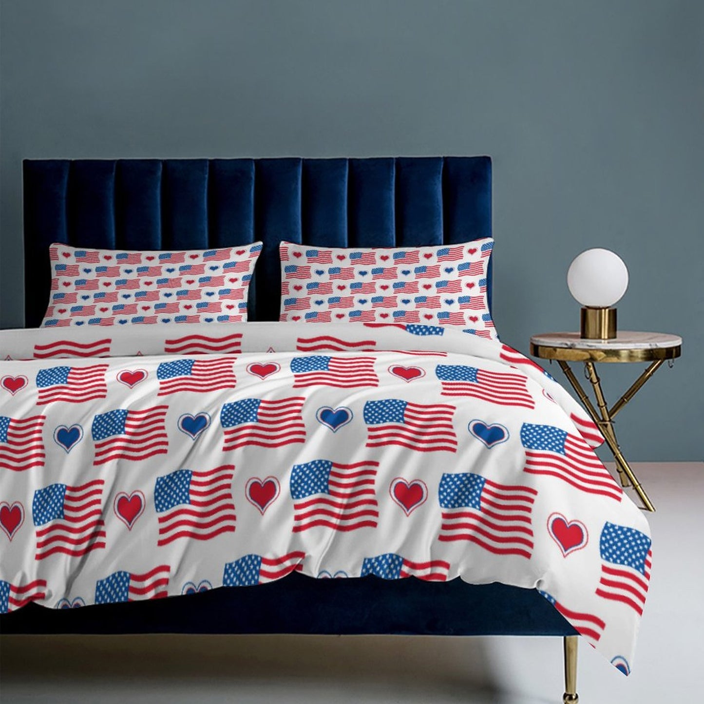 USA/American Flag Inspired Flag and Hearts Pattern 3-Piece Bedding Set (1 Duvet Cover + 2 Pillow Shams) – 102"×90"