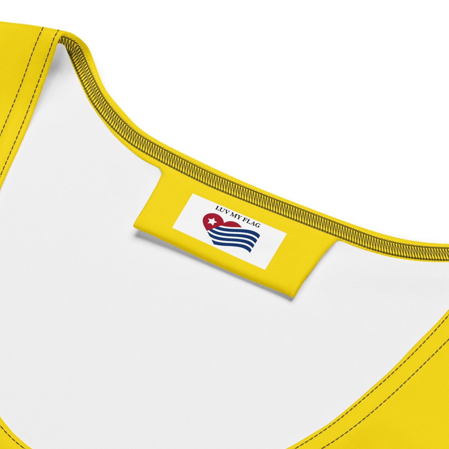 Yellow garment collar with "Luv My Flag" brand tag.