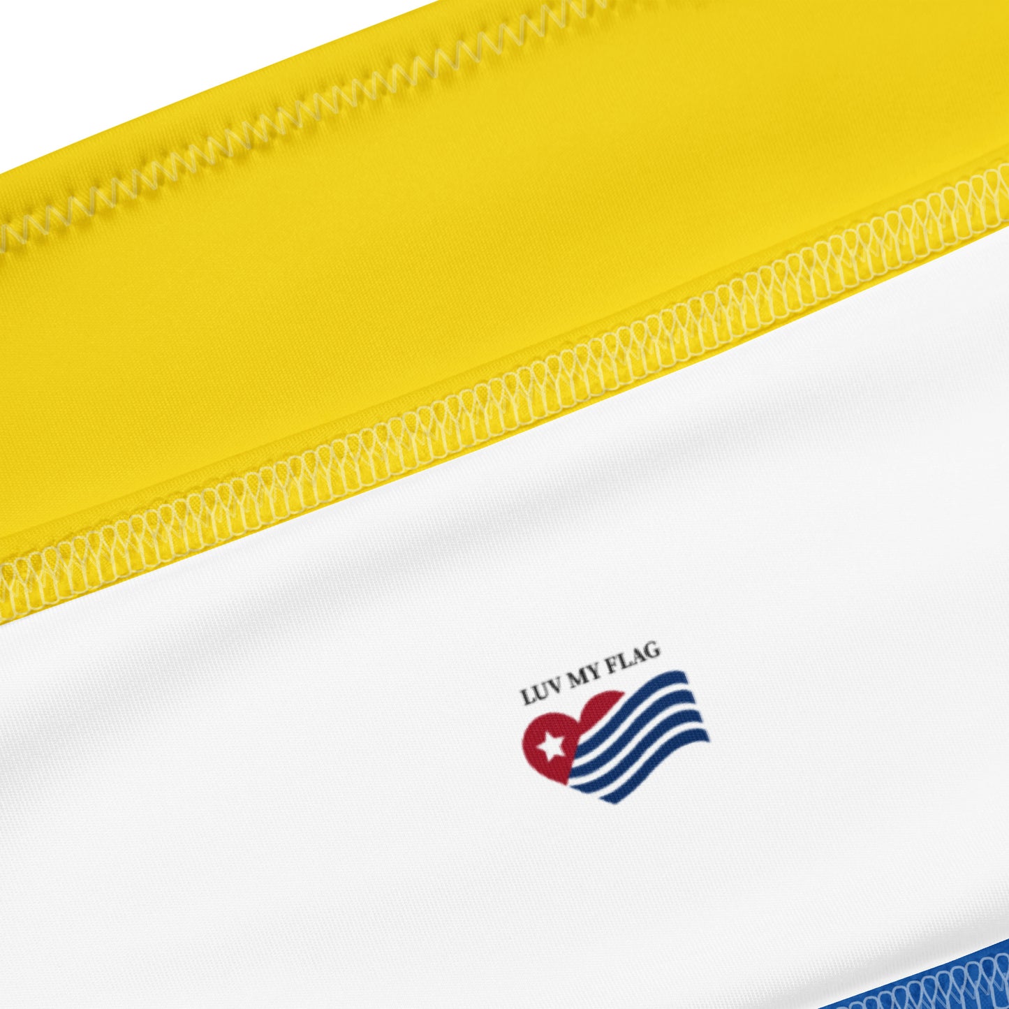 Yellow waistband, white fabric with Luv My Flag logo and flag.