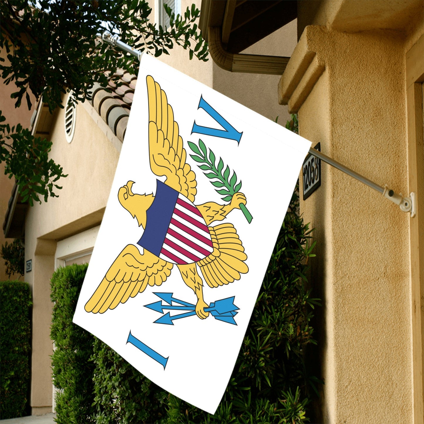Luv My Flag brand flag on building, eagle design.