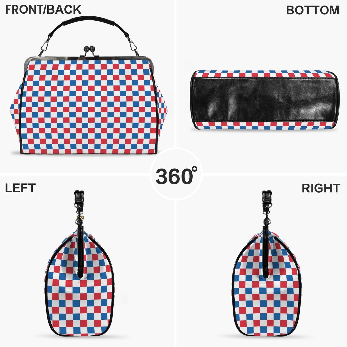 USA/American Flag Inspired Checkered Pattern Kisslock Crossbody Shoulder Bag-Large