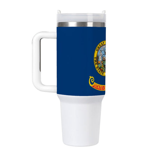 Idaho Flag travel mug with blue background.