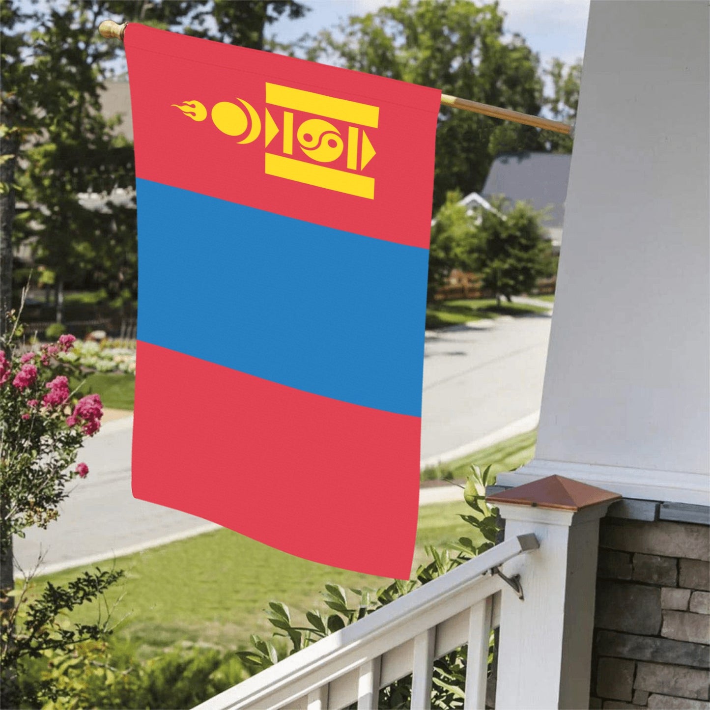 Decorative Mongolian flag on porch, by Luv My Flag.