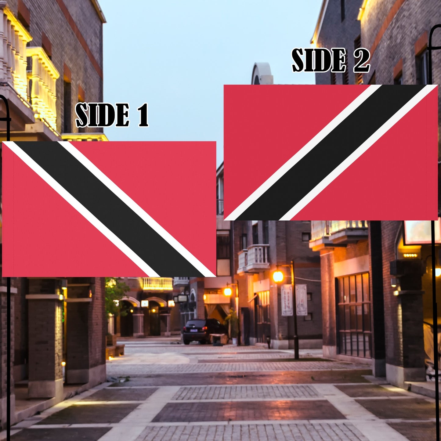 Two Trinidad flags by Luv My Flag in city street.