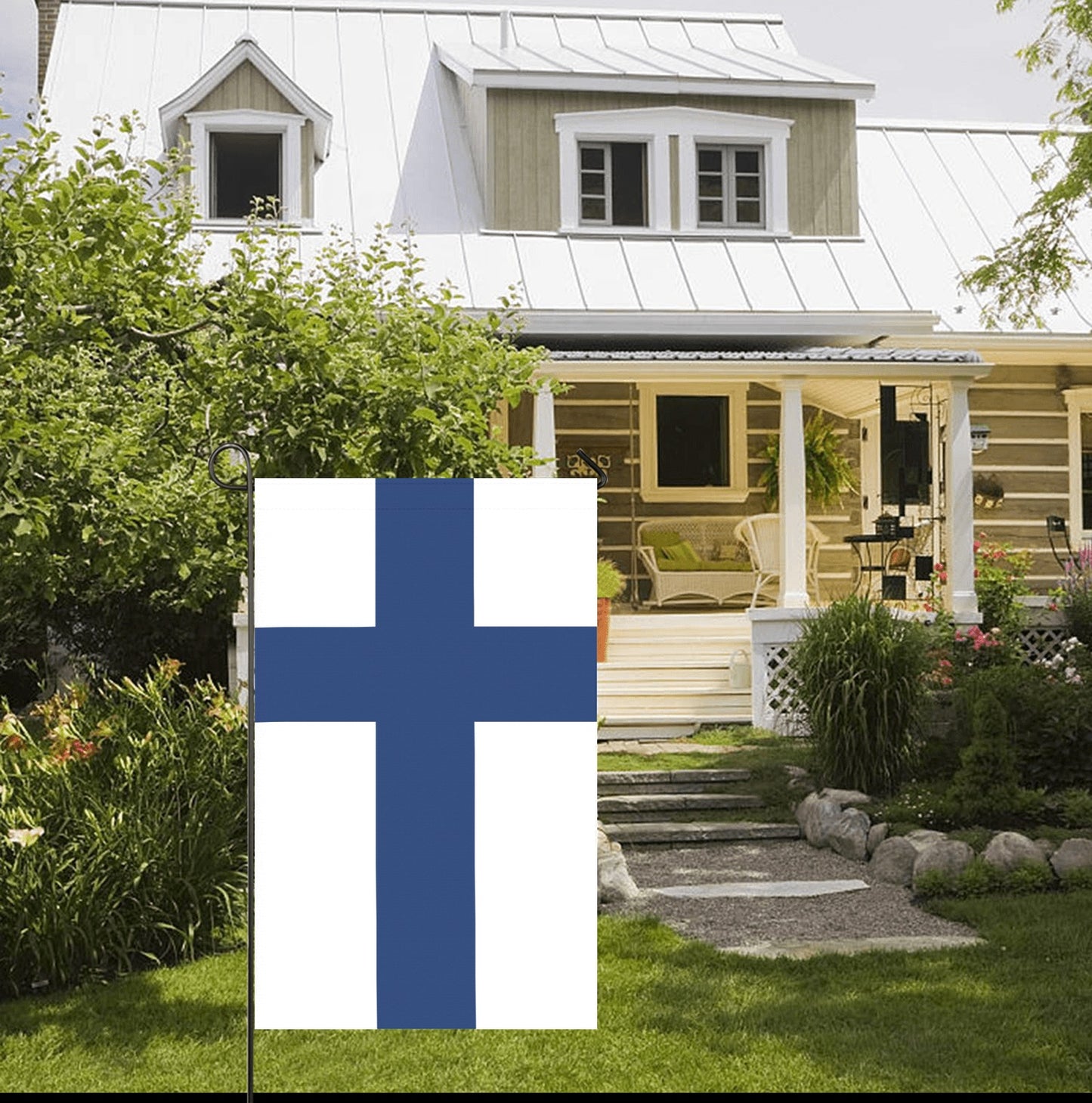 Luv My Flag garden flag outside charming country house.